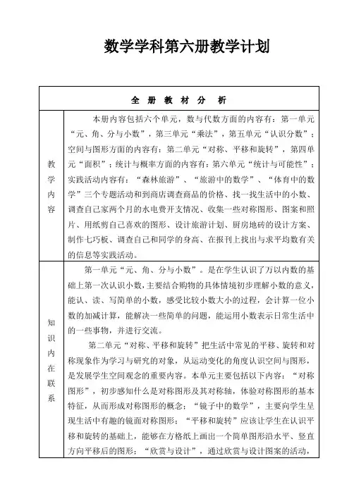 数学学科第六册教学计划 (2)