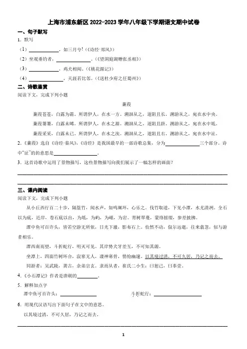 上海市浦东新区2022-2023学年八年级下学期语文期中试卷(含答案)