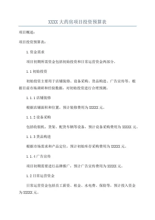 XXXX大药房项目投资预算表