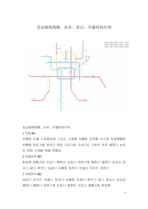 北京市地铁线路、站名、景点、通车时间介绍