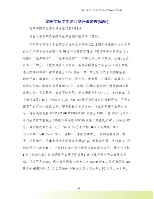 高等学院学生综合测评鉴定表(模板)