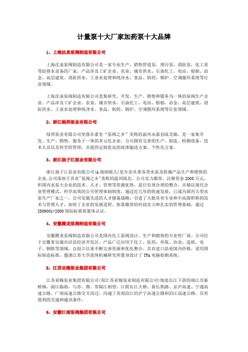 计量泵十大厂家加药泵十大品牌