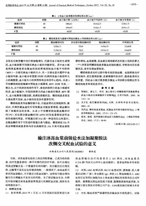 输注冰冻血浆前做盐水法加凝聚胺法次侧交叉配血试验的意义