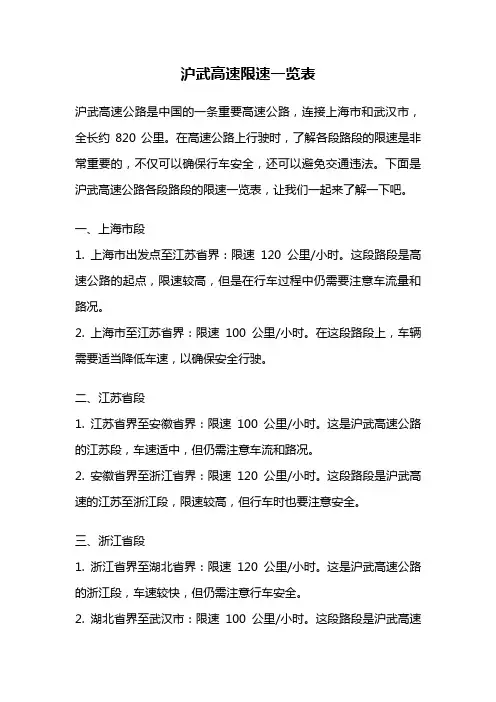 沪武高速限速一览表