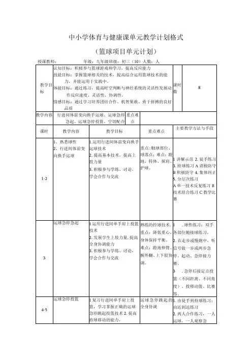 水平四(九年级)体育《篮球》单元教学计划