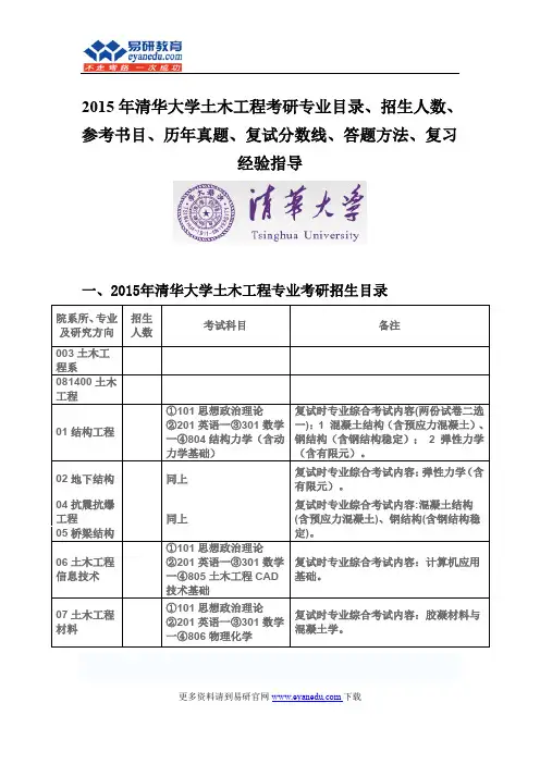 2015清华大学土木工程(土木工程系)考研专业目录招生人数参考书目历年真题复试分数线答题方法