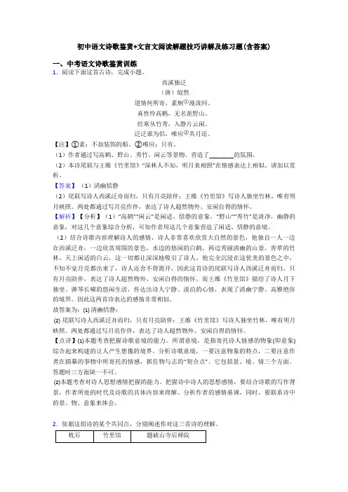 初中语文诗歌鉴赏+文言文阅读解题技巧讲解及练习题(含答案)