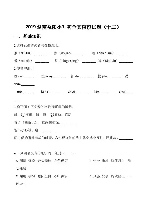 六年级下册语文试题湖南益阳小升初全真模拟试题十二人教新课标含答案