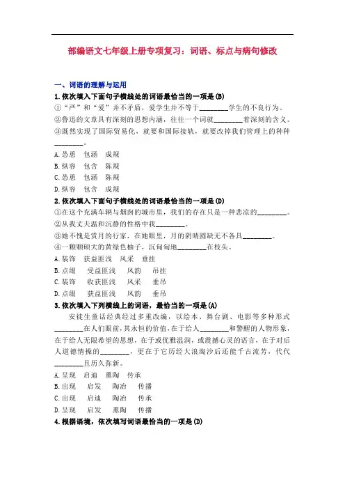 部编版七年级上册语文题型专训(十)：词语、标点与病句修改