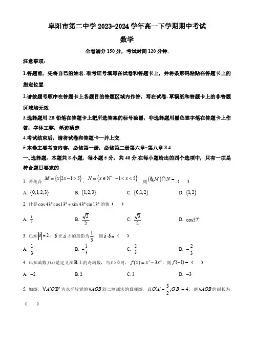安徽省阜阳市第二中学2023-2024学年高一下学期期中考试数学试题(含答案)