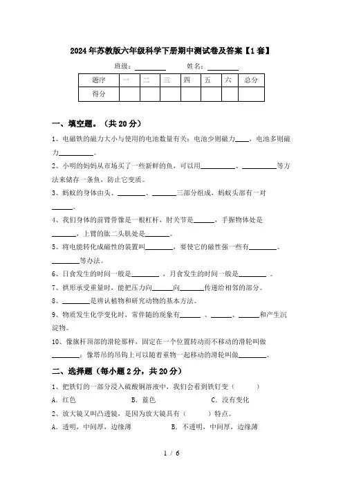 2024年苏教版六年级科学下册期中测试卷及答案【1套】