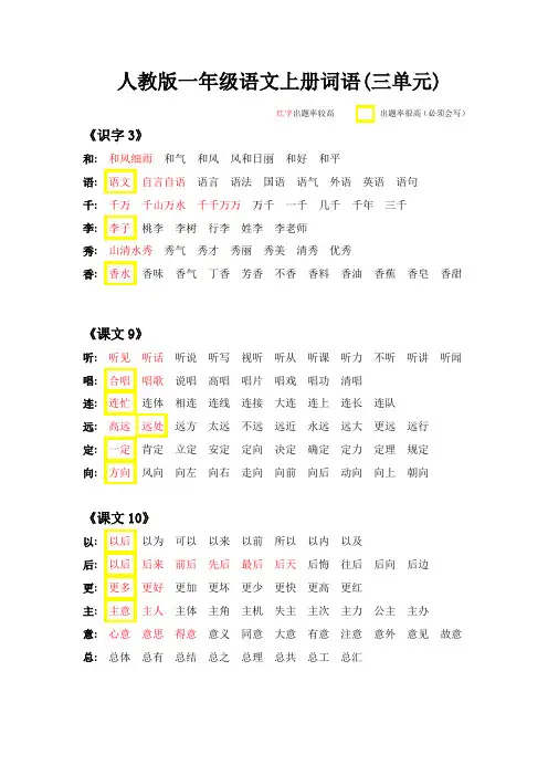 人教版一年级下册语文词语三单元精简版