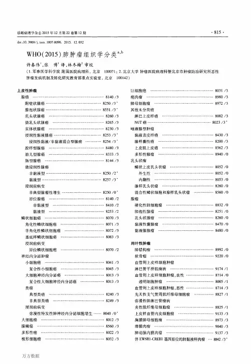 WHO2015肺肿瘤组织学分类