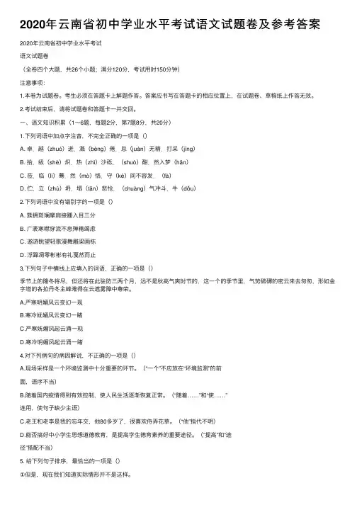 2020年云南省初中学业水平考试语文试题卷及参考答案
