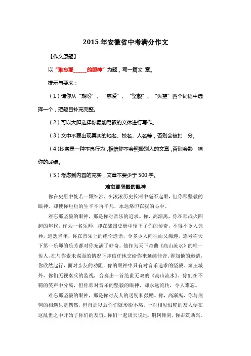 2015年安徽省中考满分作文《难忘那坚毅的眼神》3