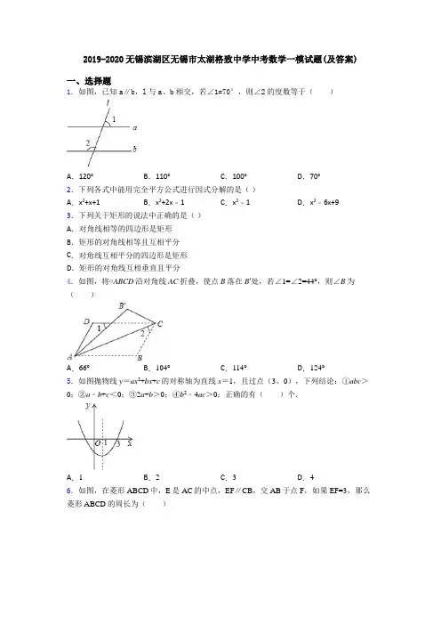 2019-2020无锡滨湖区无锡市太湖格致中学中考数学一模试题(及答案)