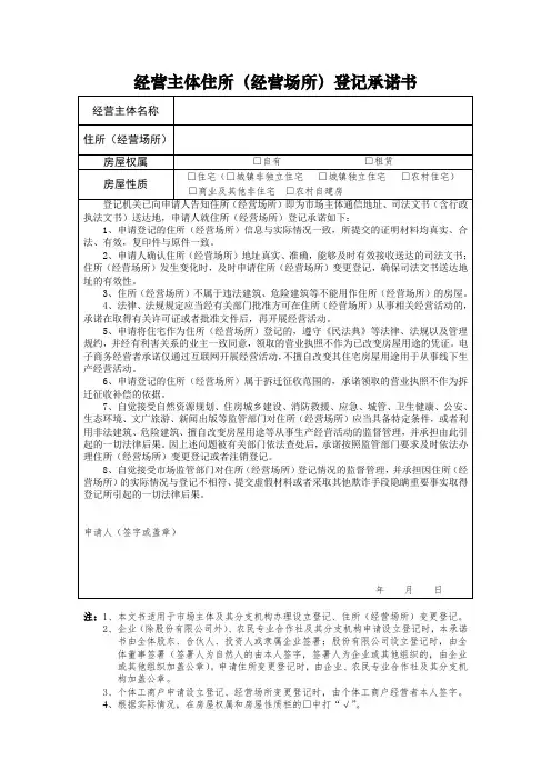 经营性市场主体住所(经营场所)登记承诺书