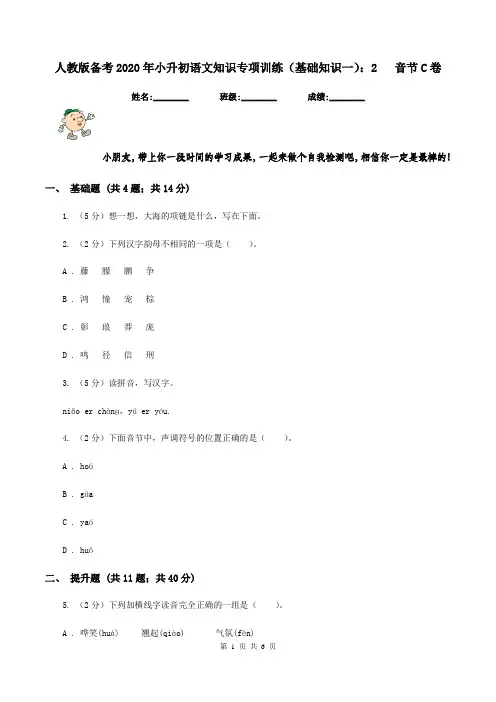 人教版备考2020年小升初语文知识专项训练(基础知识一)：2   音节C卷