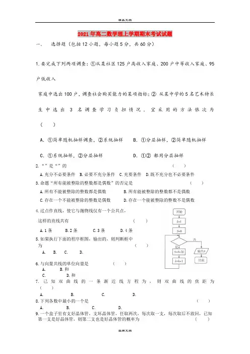 2021年高二数学理上学期期末考试试题