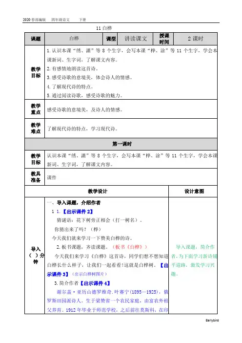2020春部编版四年级语文下册教案-第三单元-11 白桦-教案(003)
