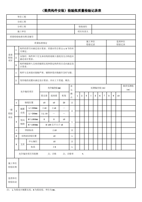 (梁类构件安装)检验批质量检验记录表