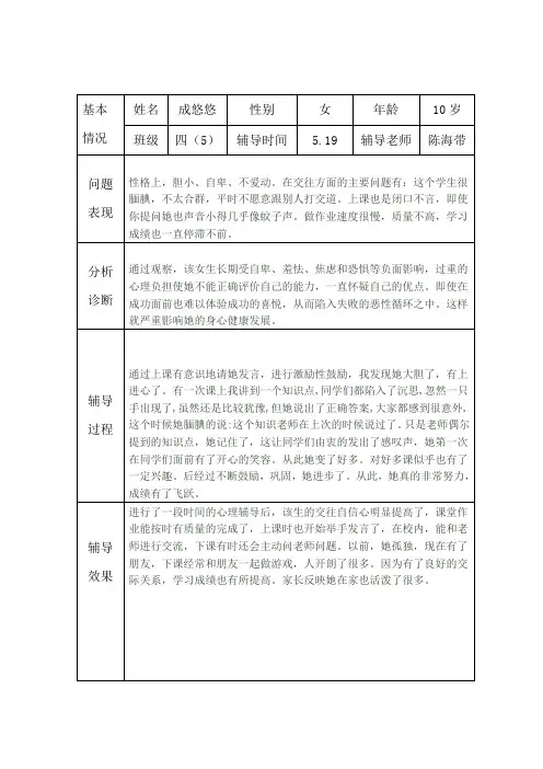 四(5)班心理健康咨询个案辅导记录表(台账)