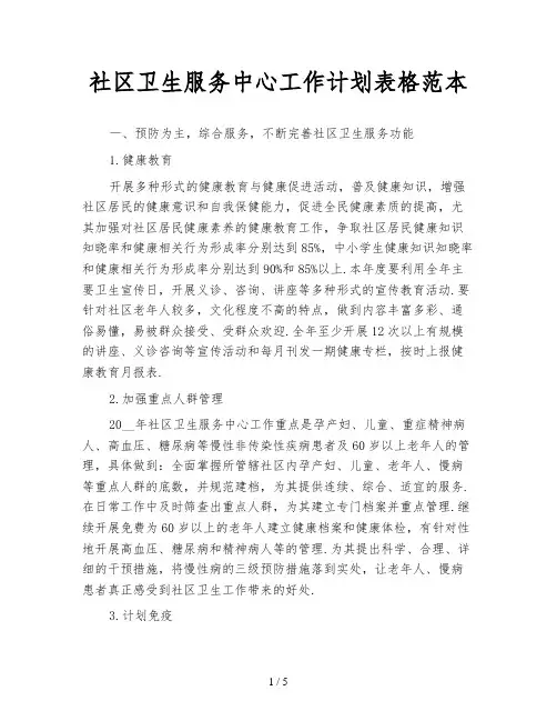 社区卫生服务中心工作计划表格范本