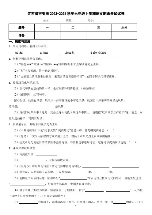 江西省吉安市2023-2024学年六年级上学期语文期末试卷(含答案)