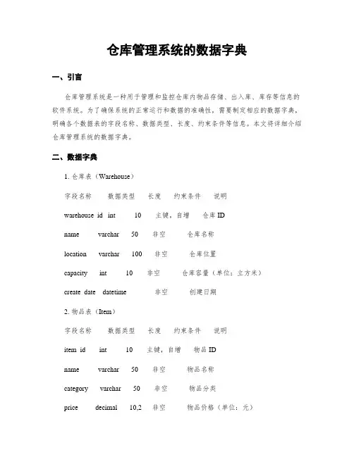 仓库管理系统的数据字典
