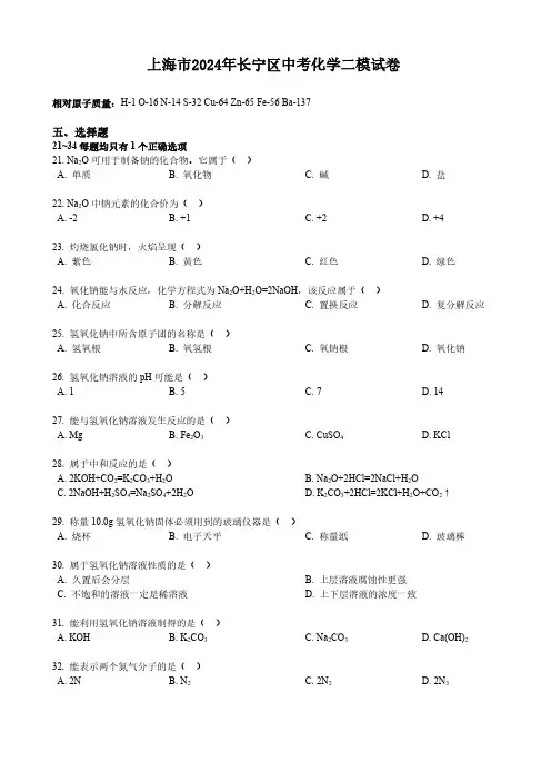 上海市2024年长宁区中考化学二模试卷
