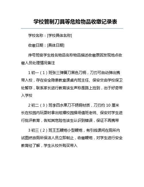 学校管制刀具等危险物品收缴记录表