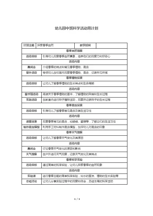 幼儿园中班科学活动周计划