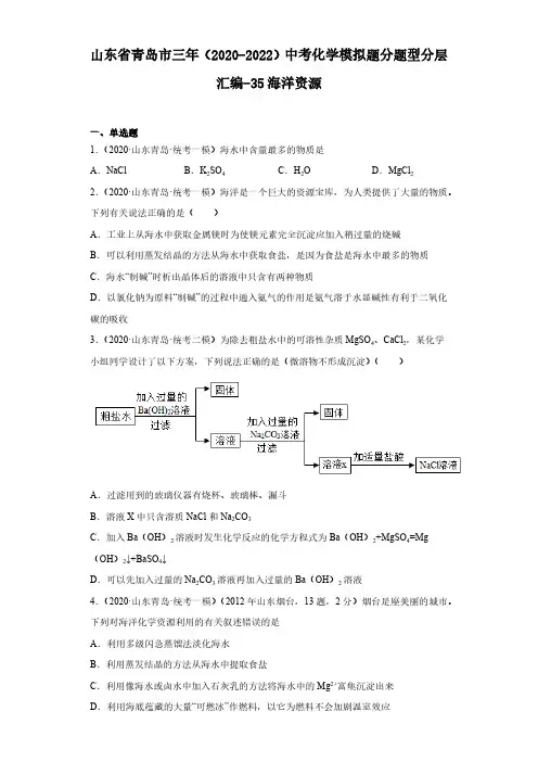 山东省青岛市三年(2020-2022)中考化学模拟题分题型分层汇编-35海洋资源