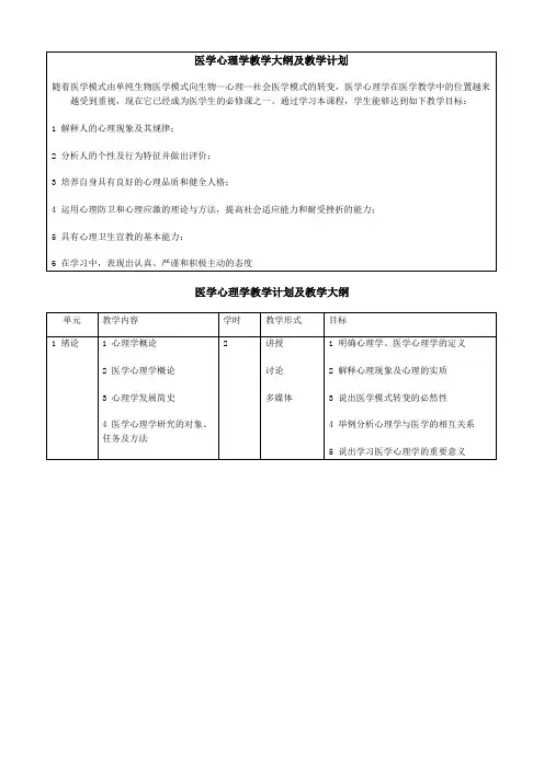 医学心理学教学大纲及教学计划