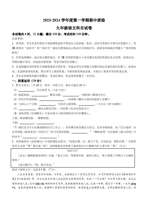 11-17 广东省2023-2024学年九年级上学期期中语文试题(含答案)