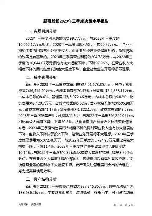 300159新研股份2023年三季度决策水平分析报告