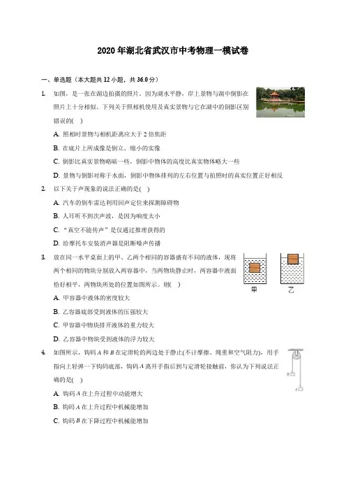 2020年湖北省武汉市中考物理一模试卷 (含答案解析)