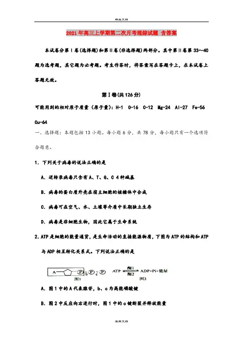 2021年高三上学期第二次月考理综试题 含答案