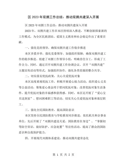 区2023年双拥工作总结：推动双拥共建深入开展