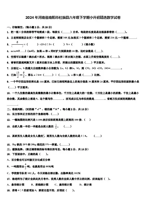 2024年河南省南阳市社旗县六年级下学期小升初数学试卷含解析