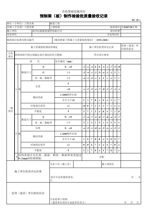 预制梁(板)制作检验批质量验收记录