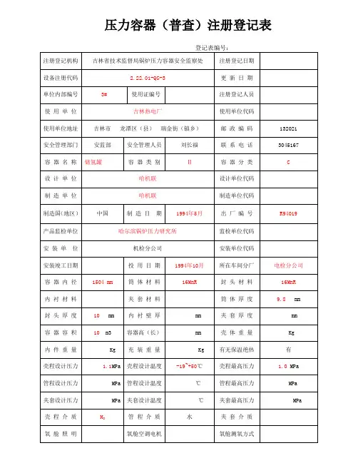 3号储氢罐压力容器(普查)注册登记
