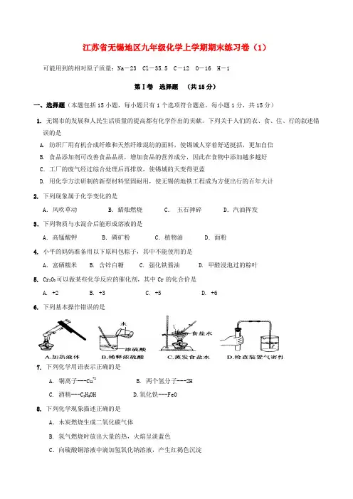 江苏省无锡地区九年级化学上学期期末练习卷(1)(无答案) 新人教版