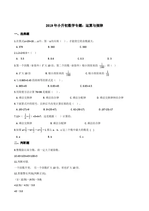 六年级下册数学试题-2019年小升初数学专题：运算与规律(含答案)