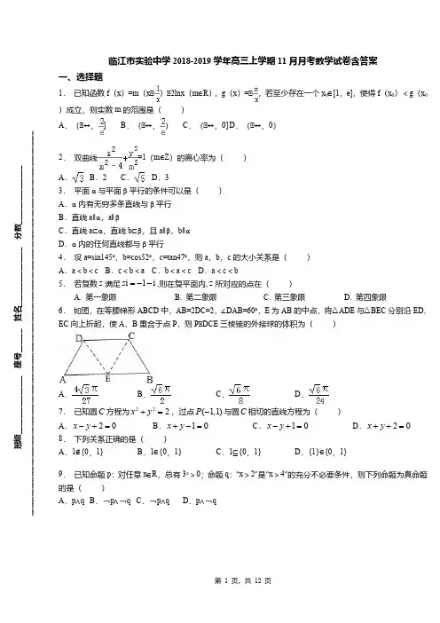 临江市实验中学2018-2019学年高三上学期11月月考数学试卷含答案