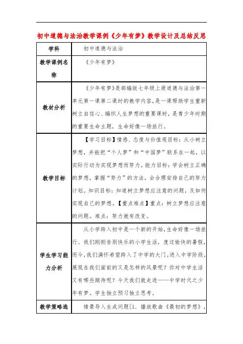 初中道德与法治教学课例《少年有梦》教学设计及总结反思