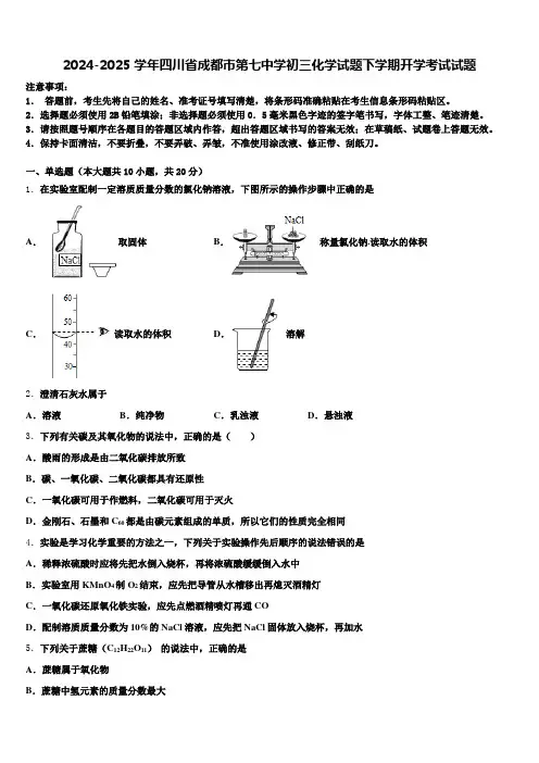 2024-2025学年四川省成都市第七中学初三化学试题下学期开学考试试题含解析