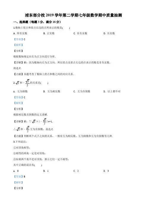 上海市浦东新区部分校2019学年七年级下学期期中数学试题(教师版)