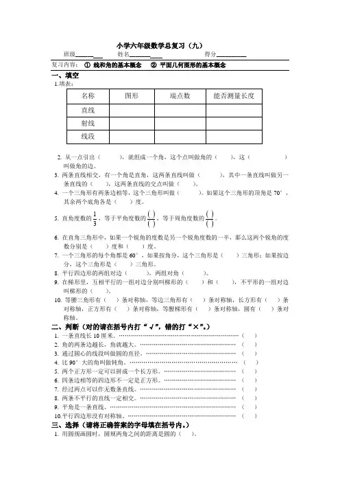 六年级平面几何图形的基本概念总复习题