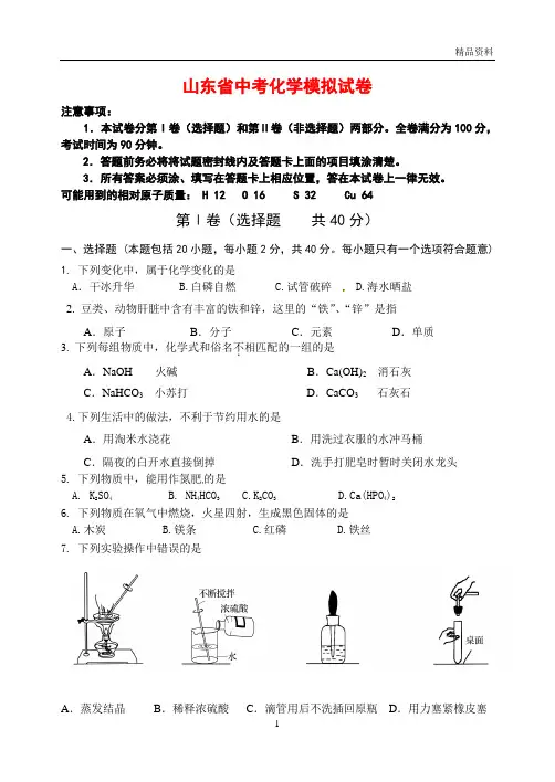 山东省2020年中考化学模拟试卷(含答案)